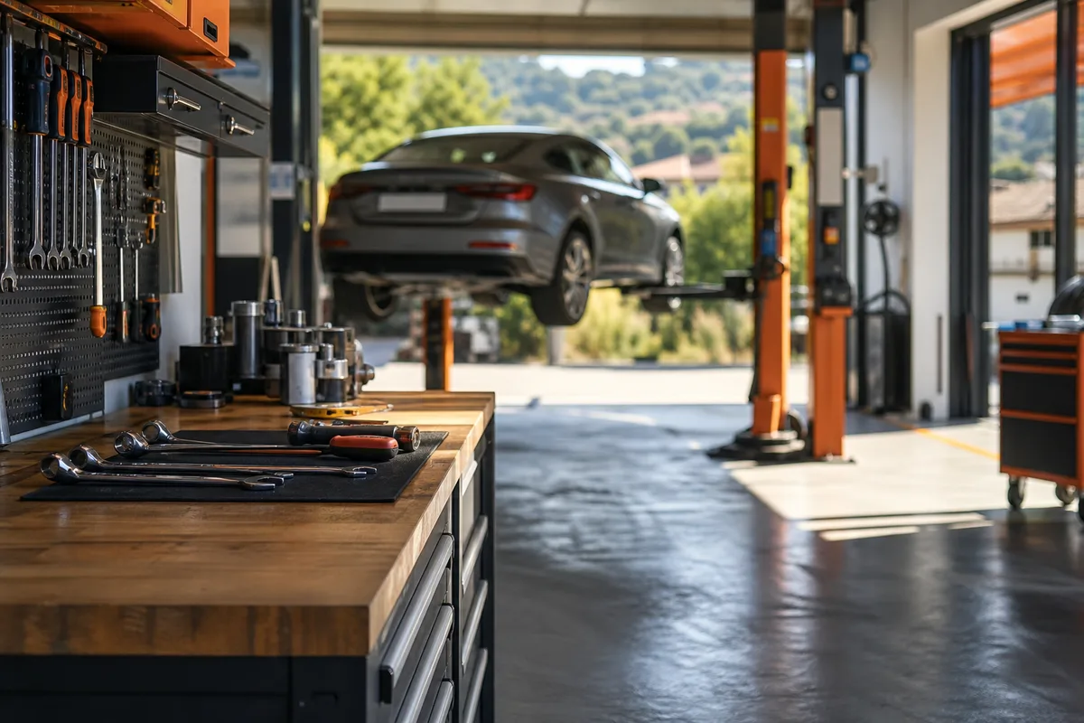 Tableau de bord d'une voiture avec témoins allumés et interface de diagnostic électronique branchée